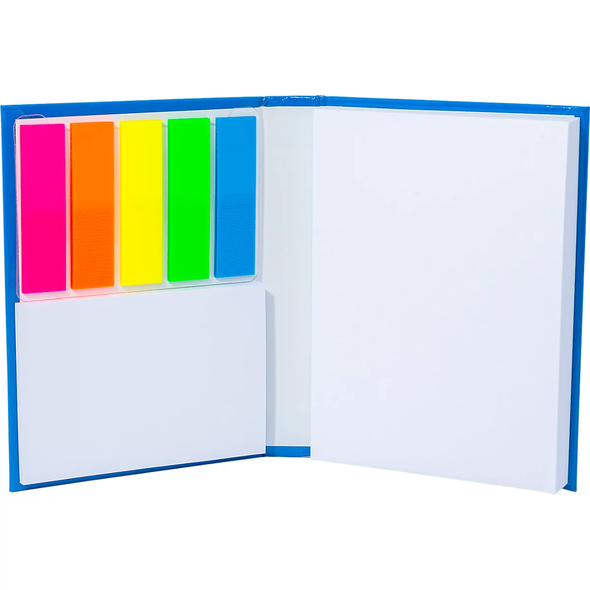Offenes Notizbuch mit farbigen Haftnotizen.