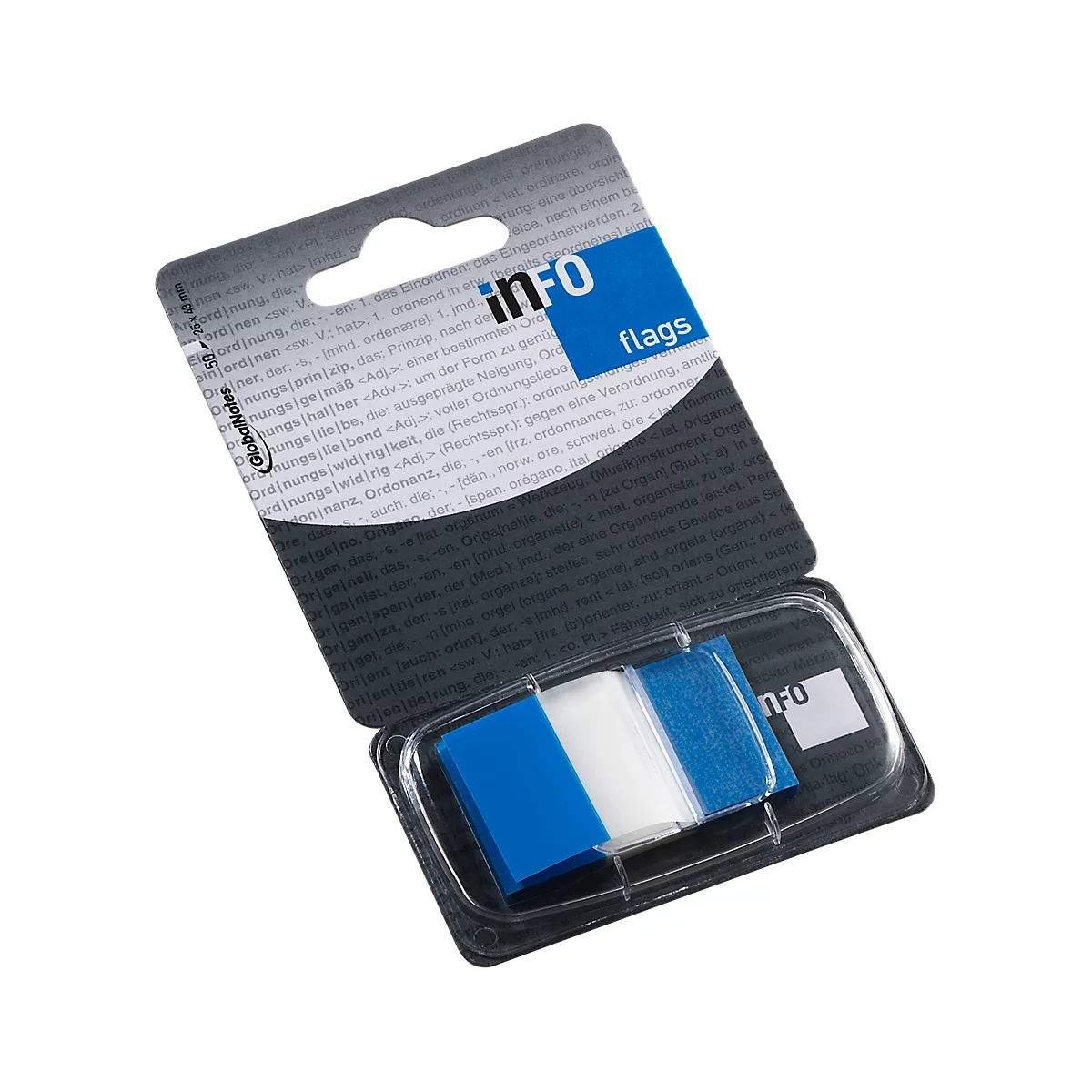 Haftnotizen INFO FLAGS, Z-Faltung, beschreibbar, selbstklebend, ablösbar, lösungsmittelfrei, 50 Blatt mit Spender, B 43 x H 25 mm, blau-transparent