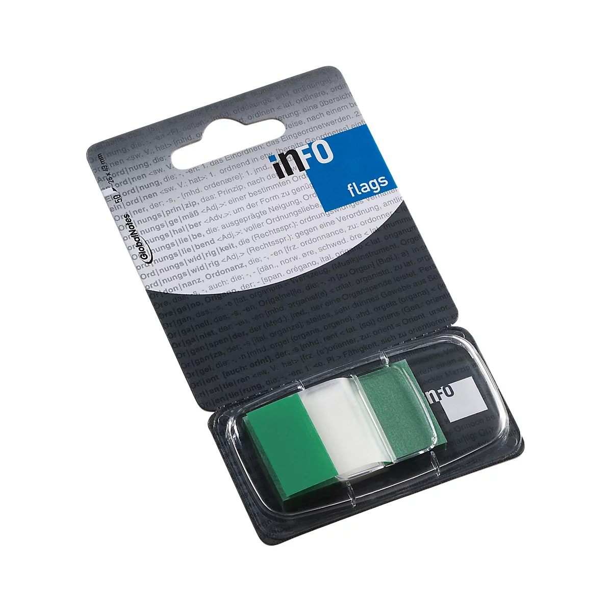 Haftnotizen INFO FLAGS, Z-Faltung, beschreibbar, selbstklebend, ablösbar, lösungsmittelfrei, 50 Blatt mit Spender, B 43 x H 25 mm, grün-transparent