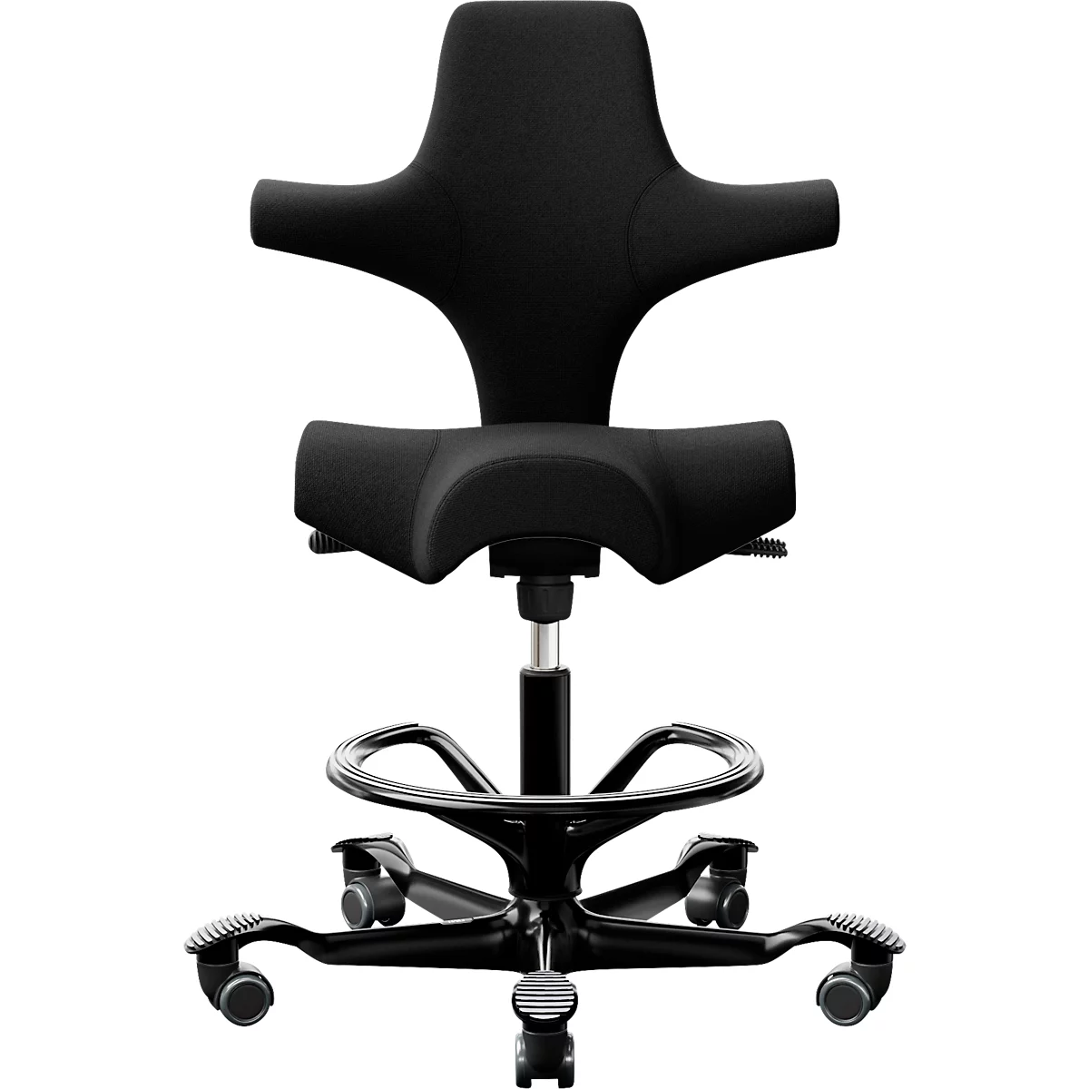 HÅG Capisco 8106 Bürostuhl, höhen- und tiefenverstellbar, Aluminium-Fußkreuz, Hartrollen, Schaumstoff, Fußring, schwarz/schwarz