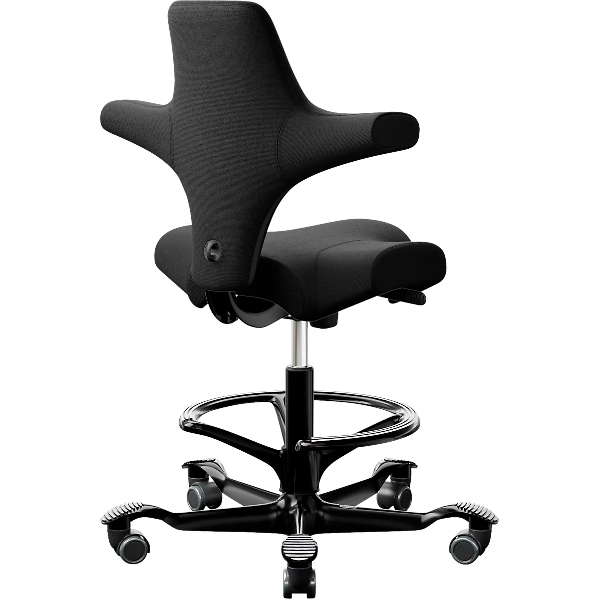 HÅG Capisco 8106 siège de bureau, réglable en hauteur et en profondeur, piétement aluminium, roulettes en dur, mousse, repose-pieds, noir/noir