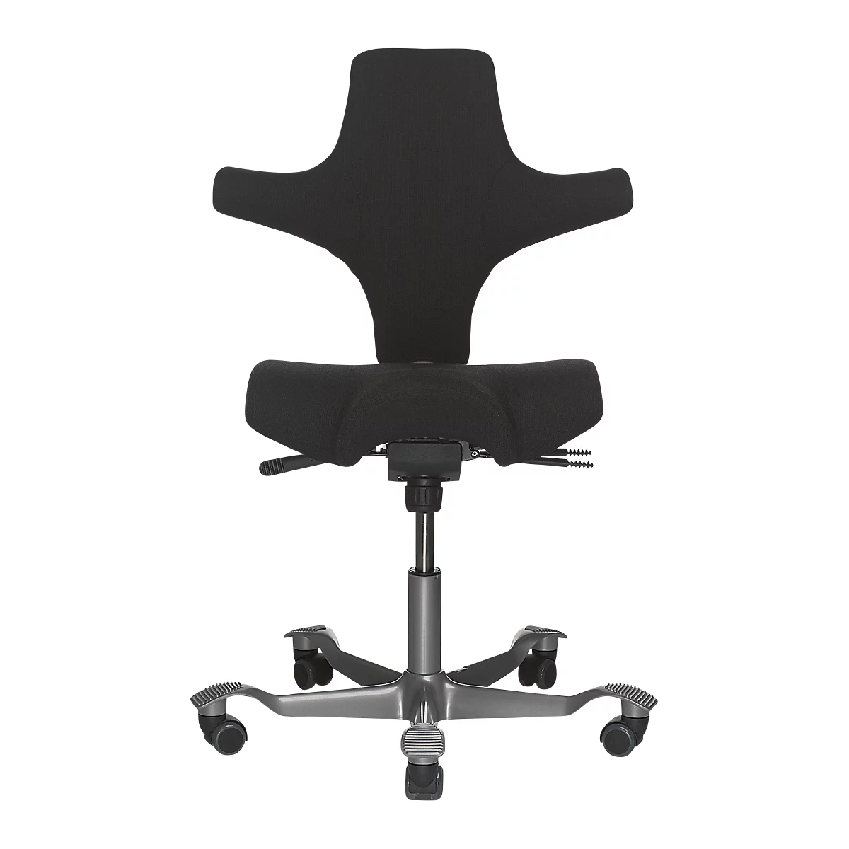 Black office chair, ergonomically shaped, on grey base, high backrest.