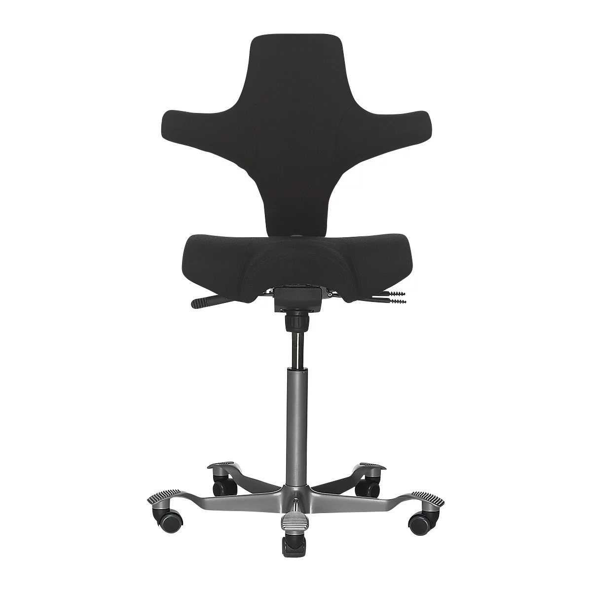 Black office chair, ergonomically shaped, with castors and height-adjustable seat. Wing-shaped backrest.