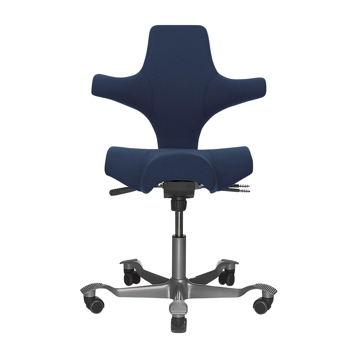 Blue ergonomic office chair, front view, with curved backrest and seat, on wheels.