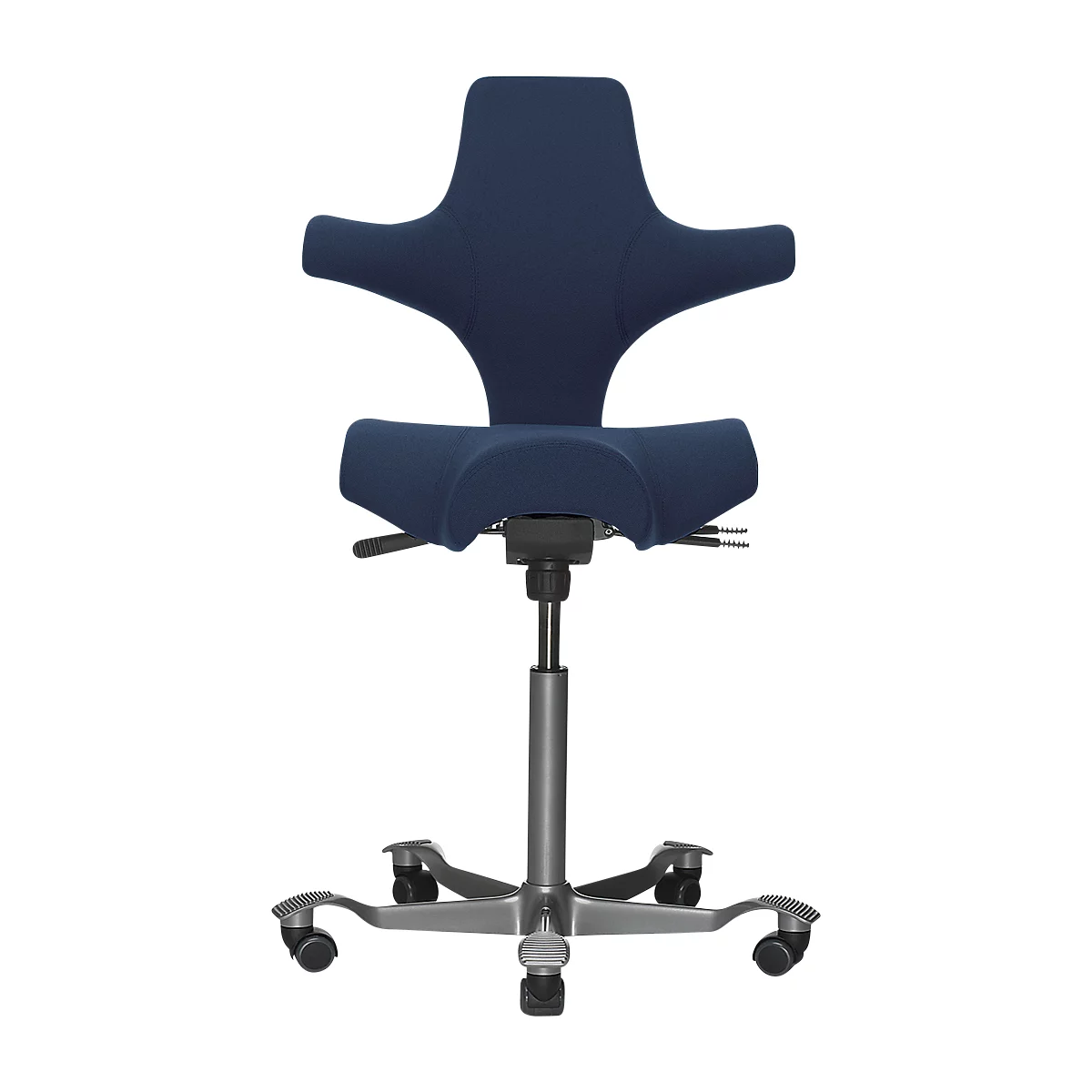 Ergonomic office chair in dark blue. The chair has an unusual shape with wings, a backrest, a seat, and a silver frame.
