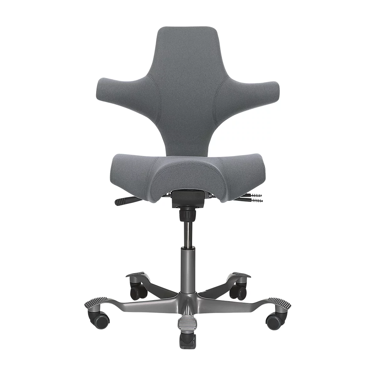 A gray office chair with an unusual back and seat. It has a metallic base with rollers.