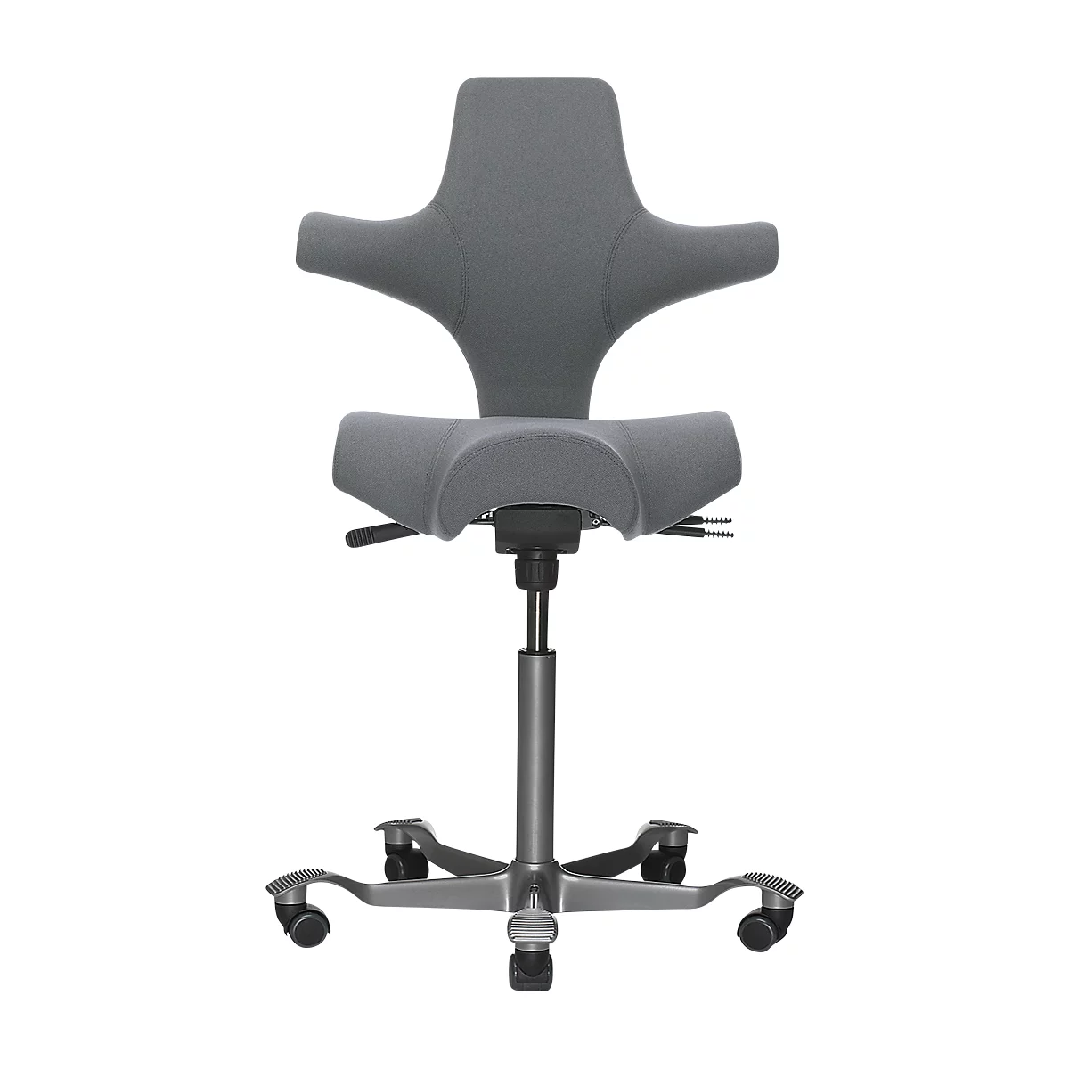 Gray office chair with curved backrest and seat. On castors, height adjustable.