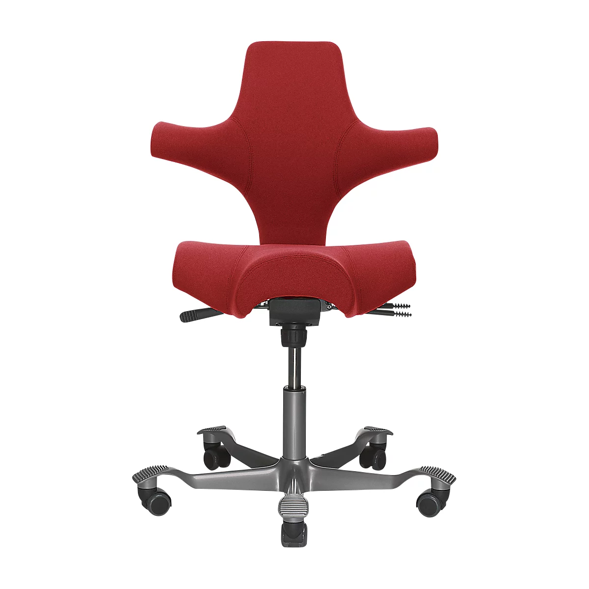 Red office chair with curved backrest and armrests. It has castors and a height-adjustable seat.