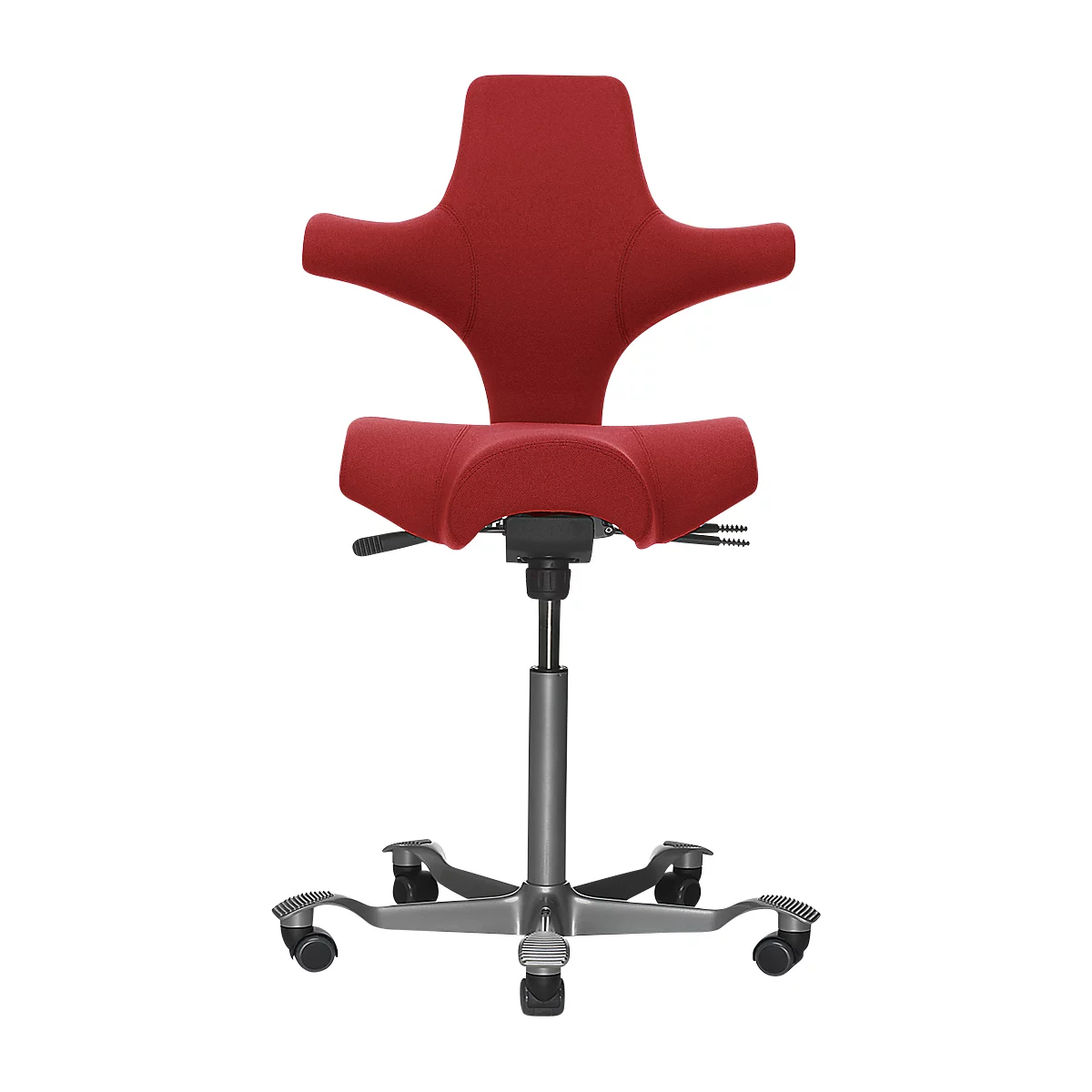Red ergonomic office chair with curved backrest, armrests and five castors. Metal frame.