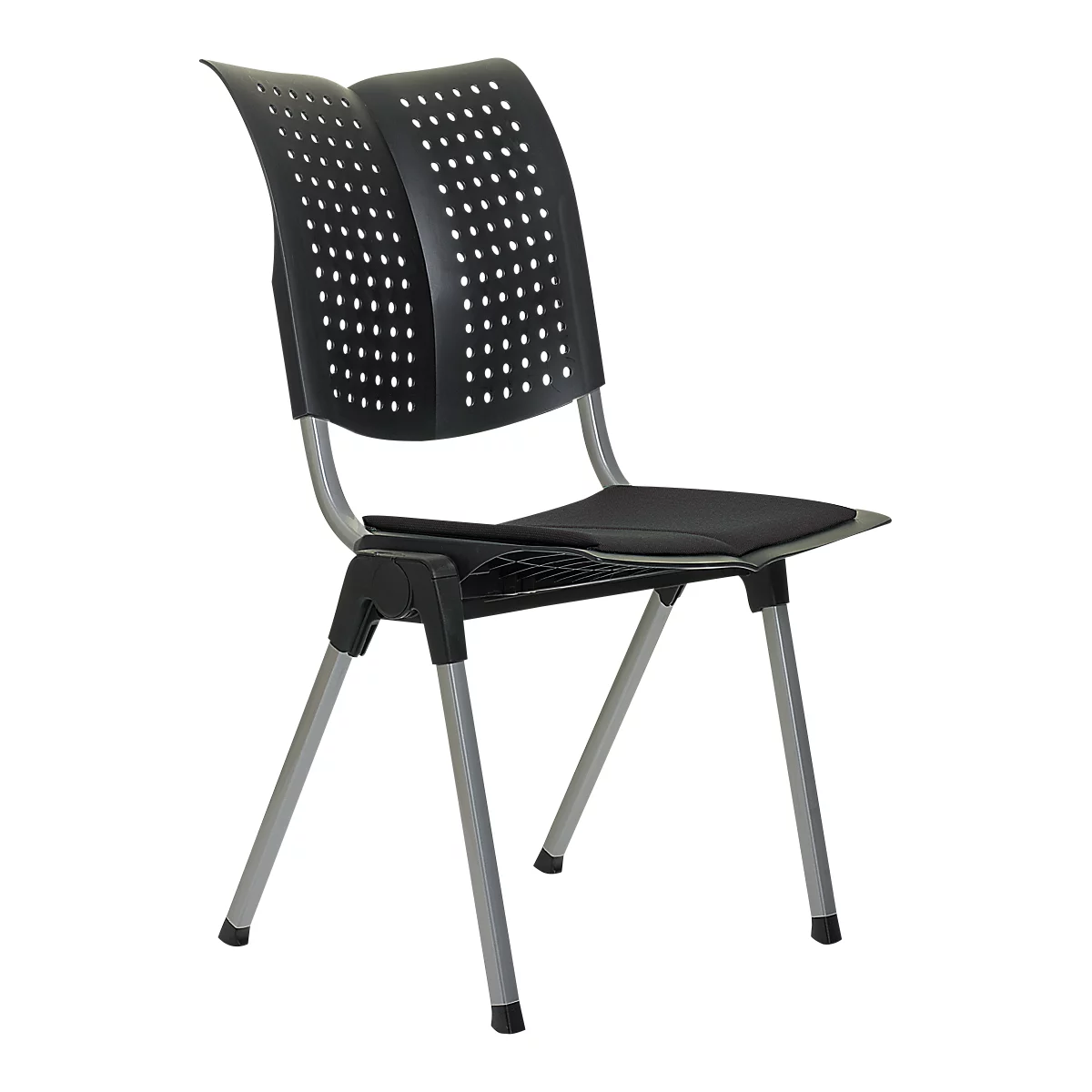Black chair with silver legs. The backrest is perforated, the seat is padded with a black cushion.
