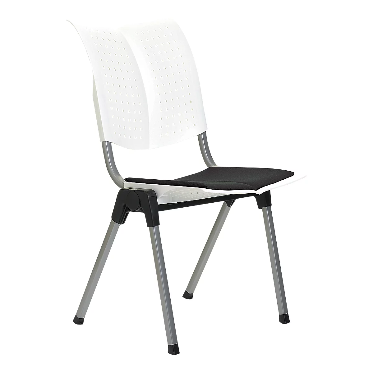 Chair with white, perforated backrest and black seat. Gray metal legs and frame, black feet.
