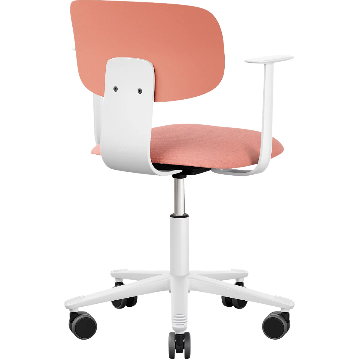 Bürostuhl in Weiss und Rosa. Rückenlehne und Sitzfläche rosa, Gestell und Armlehne weiss.