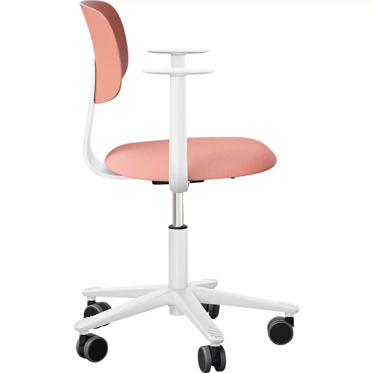 Stuhl mit rosa Sitzfläche, weissem Rahmen und Rollen, seitliche Ansicht.