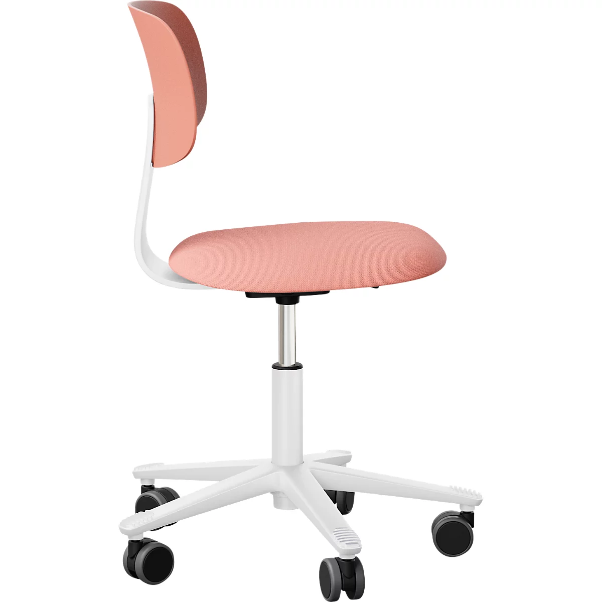 Bürostuhl mit rosa Sitzfläche und Rückenlehne, weissem Rahmen und Rollen auf einem weissen Untergestell.