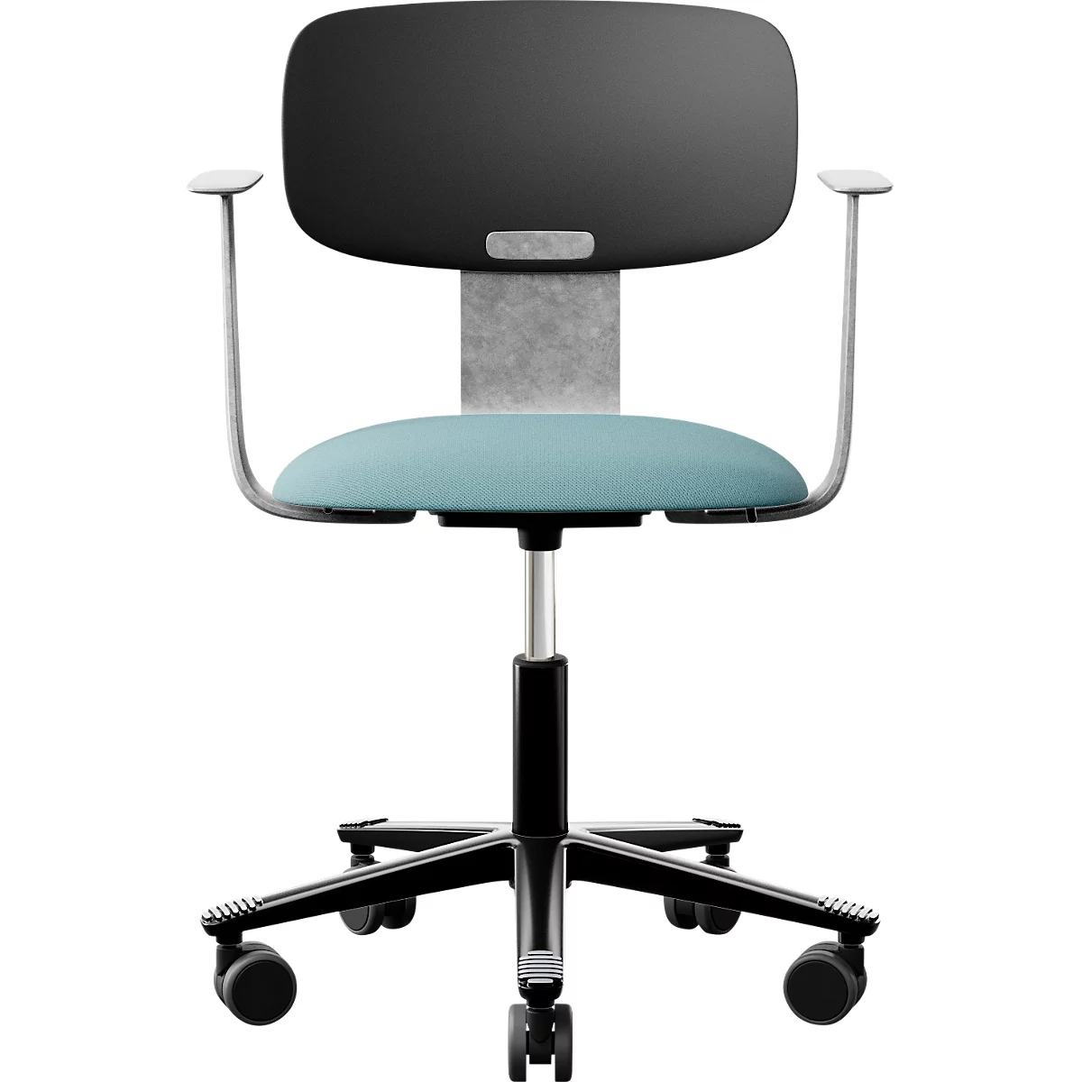 Chaise de bureau bleu clair et noire, réglable avec roulettes. Dossier, assise et accoudoirs.