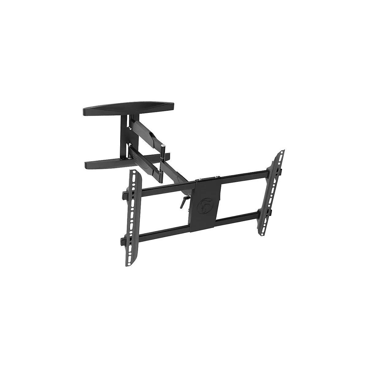 Support mural TV noir, extensible avec plusieurs articulations. Supports et trous pour le montage d'appareils.