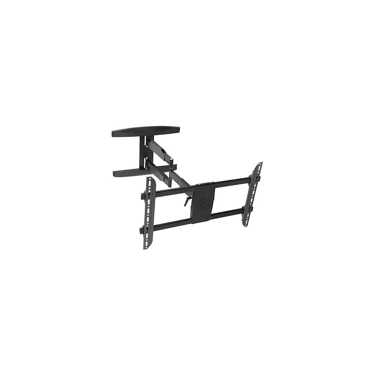 Support mural TV noir, extensible avec plusieurs articulations. Supports verticaux pour le téléviseur à gauche et à droite.