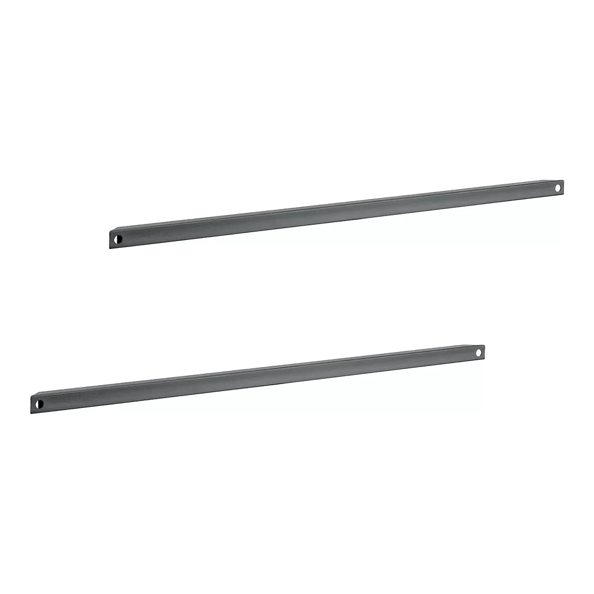 Deux profilés métalliques gris avec un trou à chaque extrémité, sur fond blanc.
