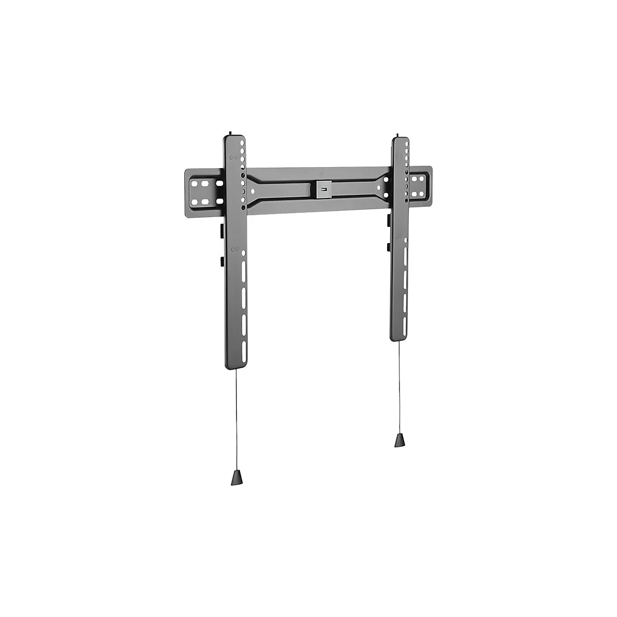 Support mural TV gris, vue unique, avec cordons de traction.