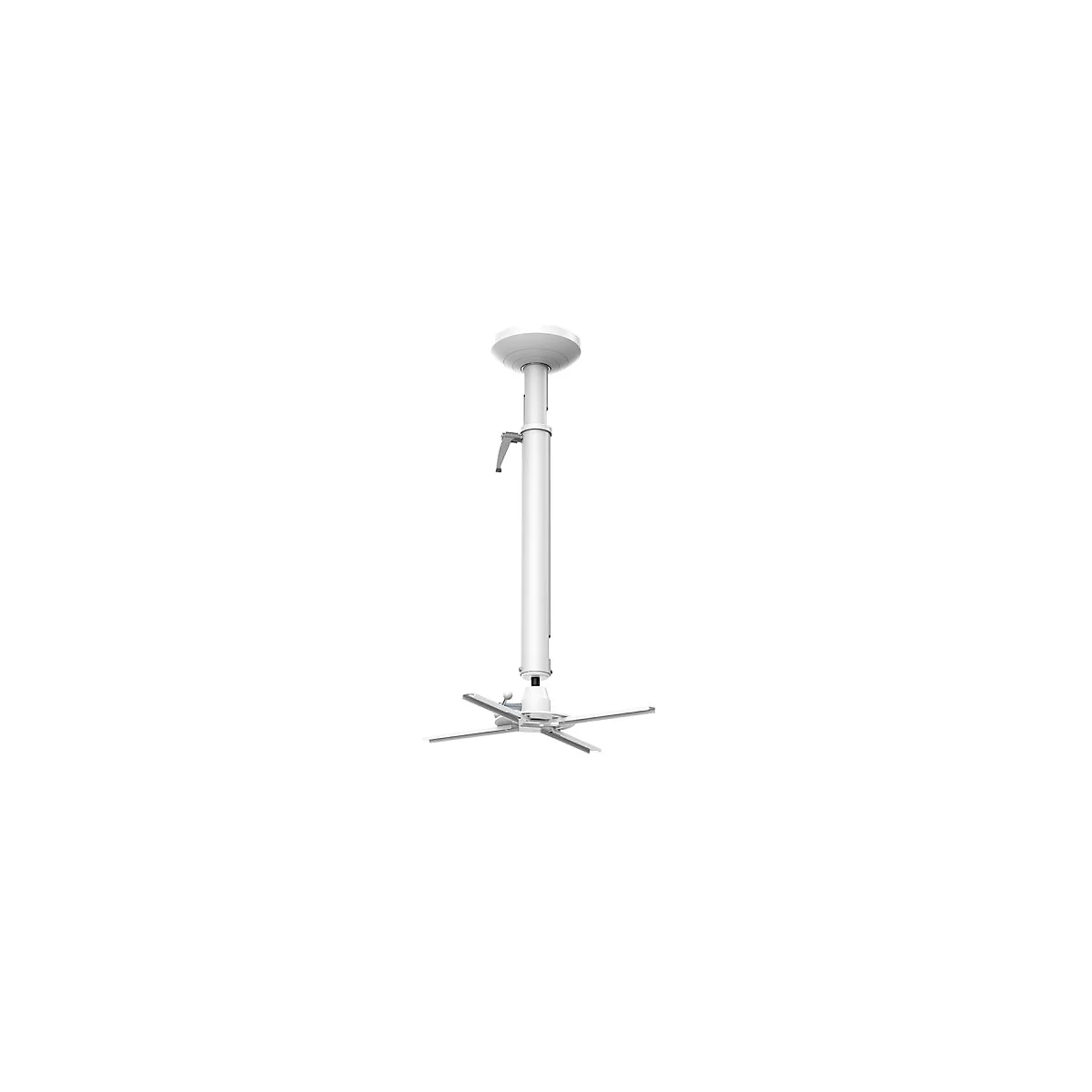 Weißer Deckenprojektorhalterung, bestehend aus einer Deckenplatte, einem Teleskoprohr und einer Halterung für den Projektor.