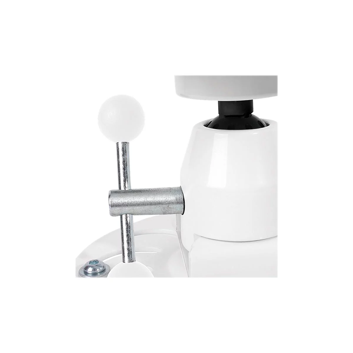 Nahaufnahme eines weißen Geräts mit Metall- und schwarzen Elementen. Kugel am Stab, graue Schraube.