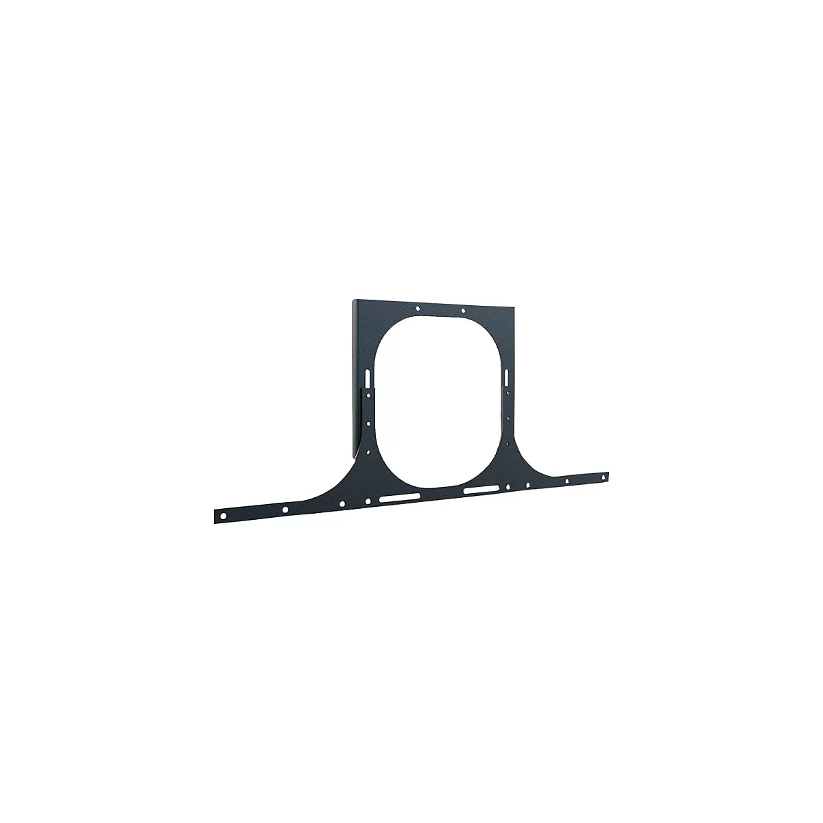 Schwarze Metallhalterung für eine Wandmontage. Rechteckige Form mit Aussparung.