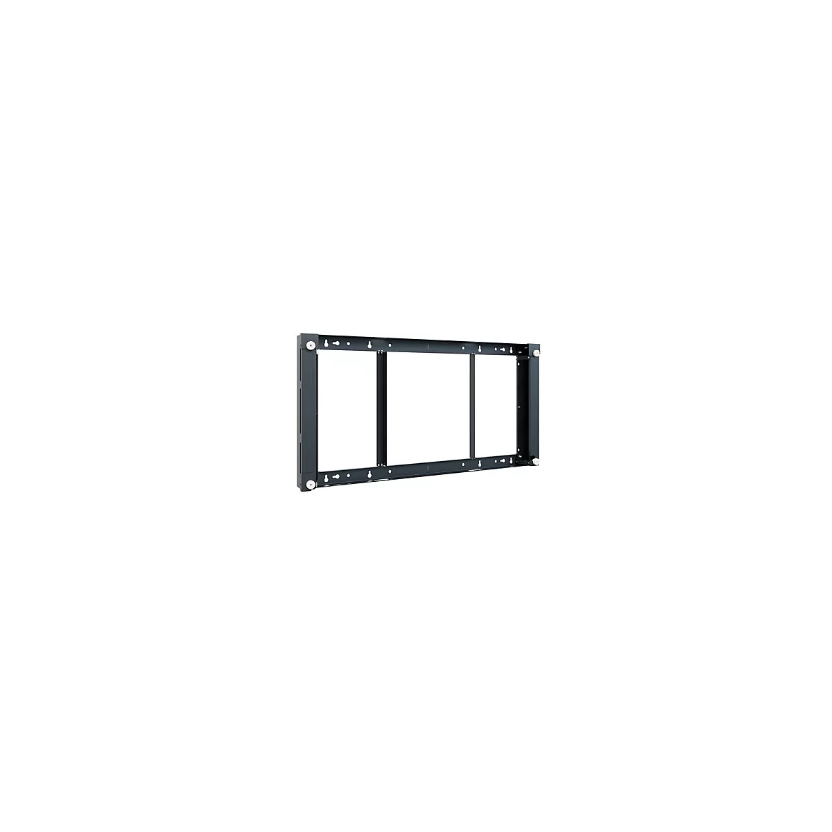 Dunkelgrauer Rahmen, wahrscheinlich für die Wandmontage. Mit Schrauben und drei rechteckigen Aussparungen.