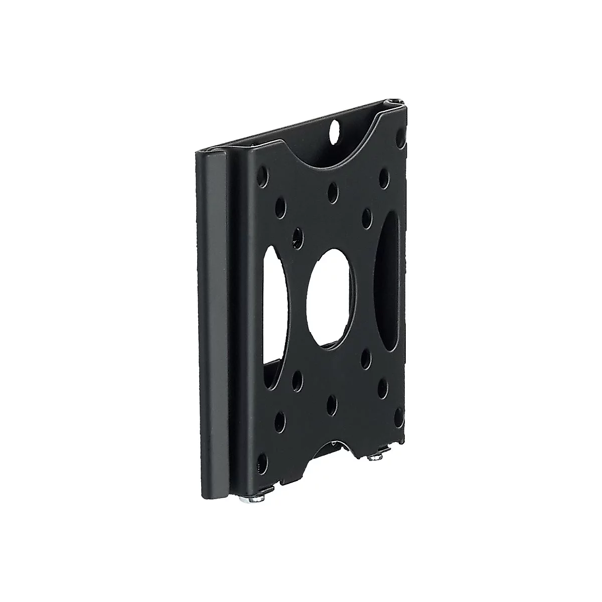 Schwarze Metallhalterung mit Löchern und ovalen Aussparungen, vor weißem Hintergrund.