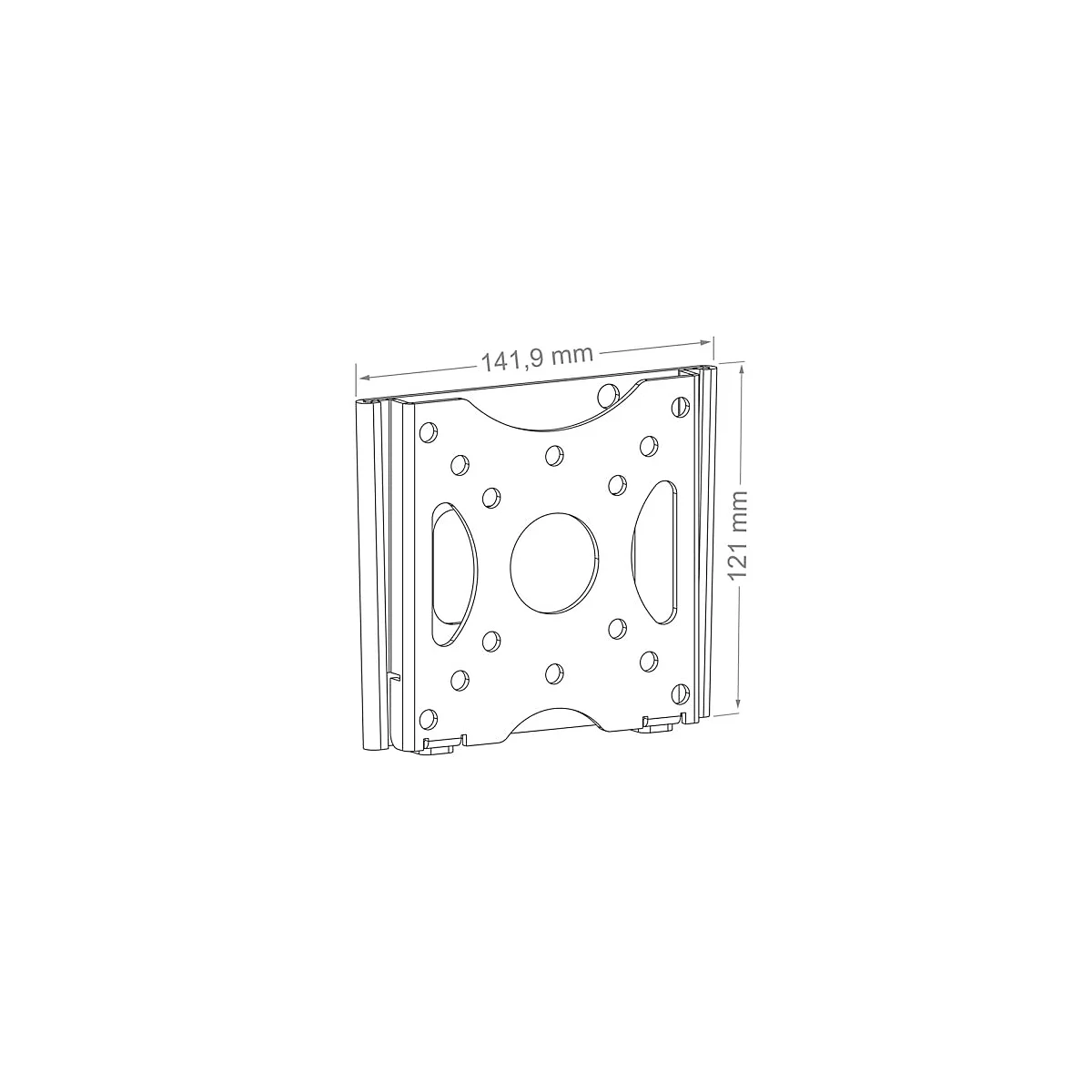 Draufsicht einer Metallplatte mit Bohrungen und Abmessungen: 141,9 mm x 121 mm.