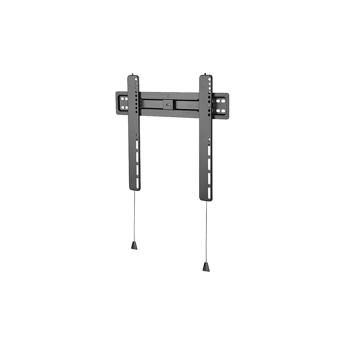 Un support de télévision noir avec câbles et cônes sur fond blanc.