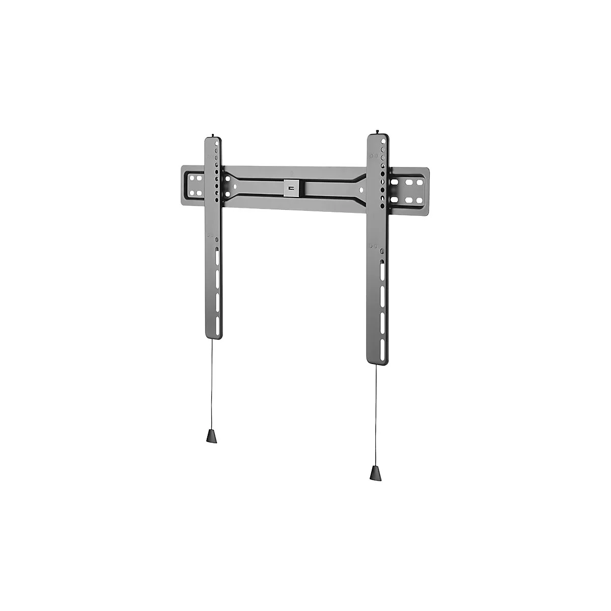 Graue TV-Wandhalterung vor weißem Hintergrund. Zwei vertikale Stützen mit Seilen und Konen, verbunden mit einer horizontalen Halterung.