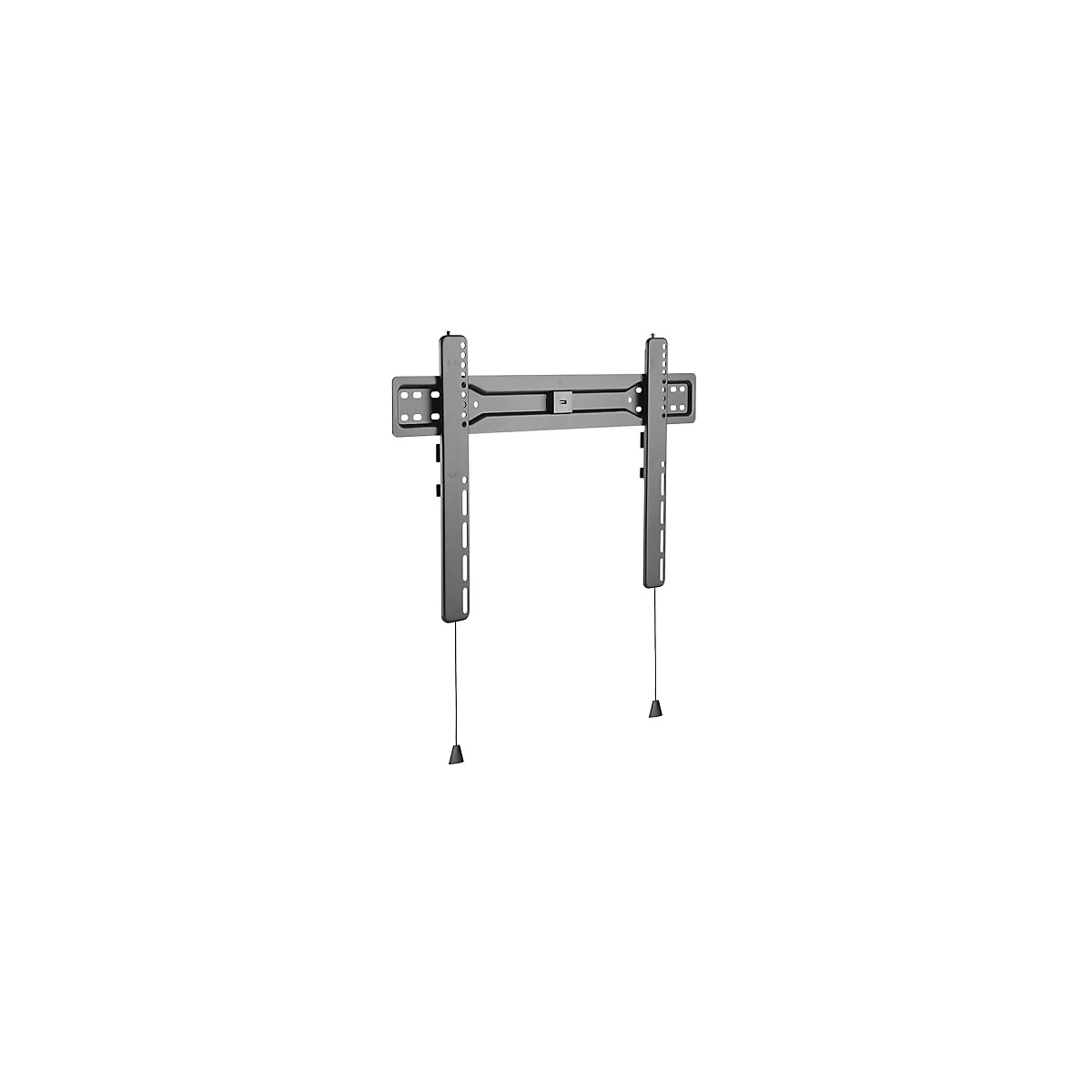 Graue TV-Wandhalterung, Frontalansicht. Mit langen senkrechten Halterungen und Seilen.