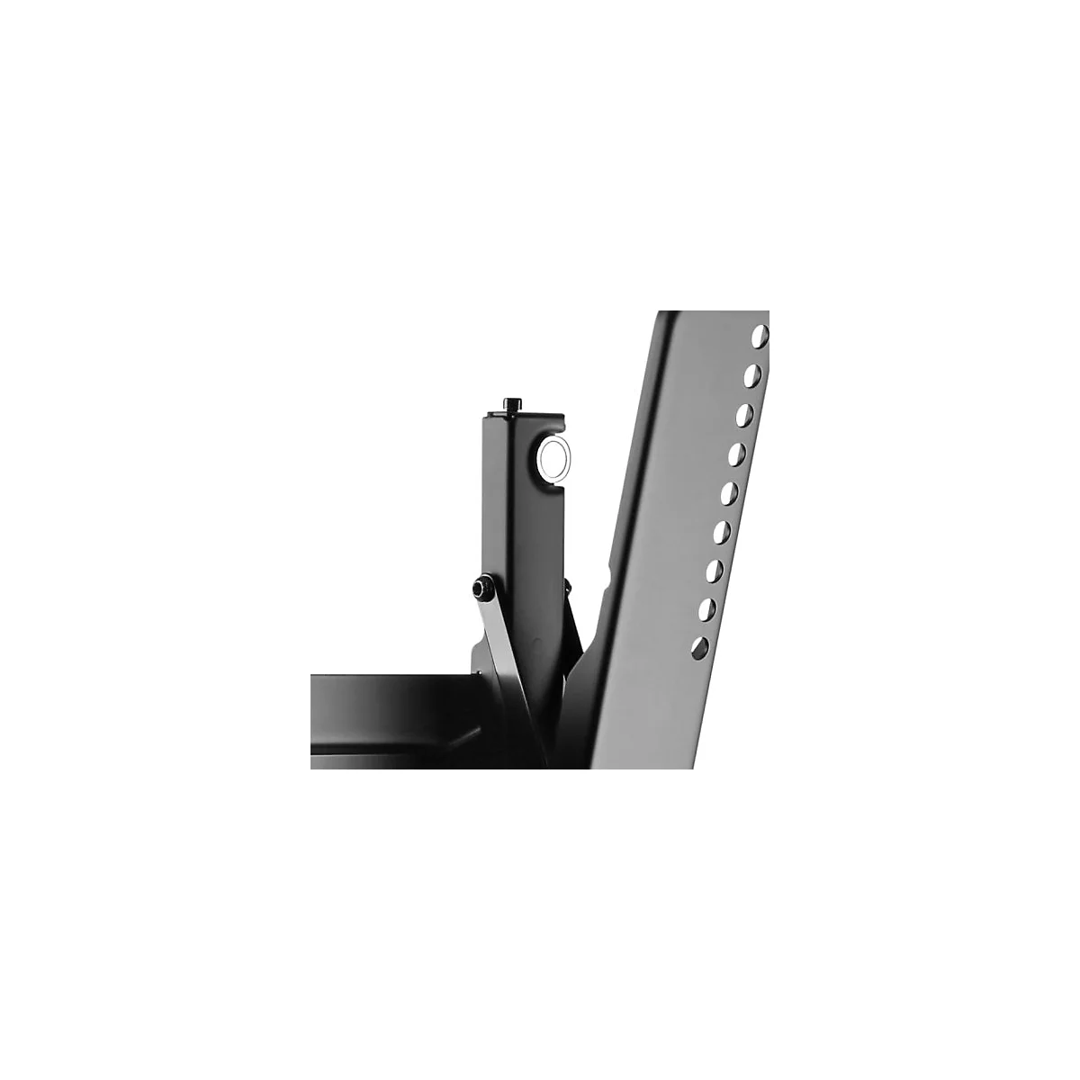 Gros plan d'un support TV noir, avec un niveau à bulle et des vis.