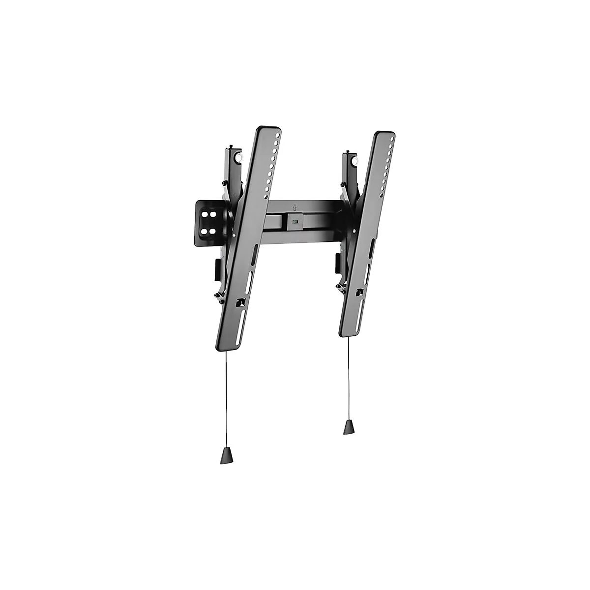 Schwarze TV-Wandhalterung, bestehend aus zwei Säulen, verbunden durch ein Mittelteil mit Löchern, und zwei Ziehschnüren.