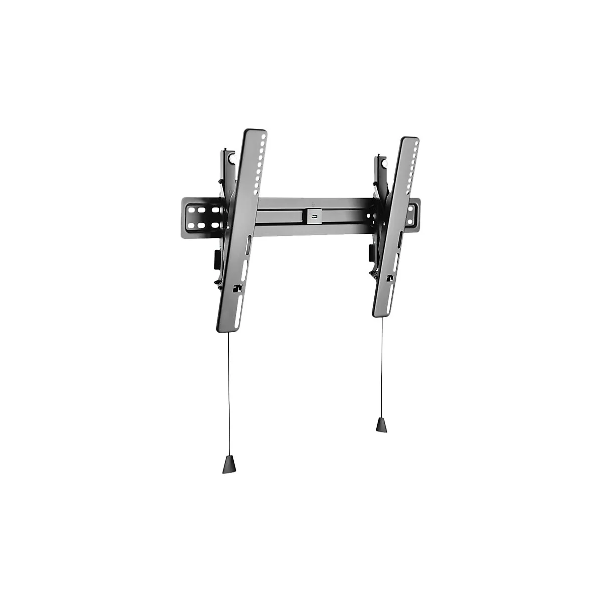 Schwarze TV-Wandhalterung, detailreich dargestellt. Zwei Arme mit Kabeln und Gewichten.