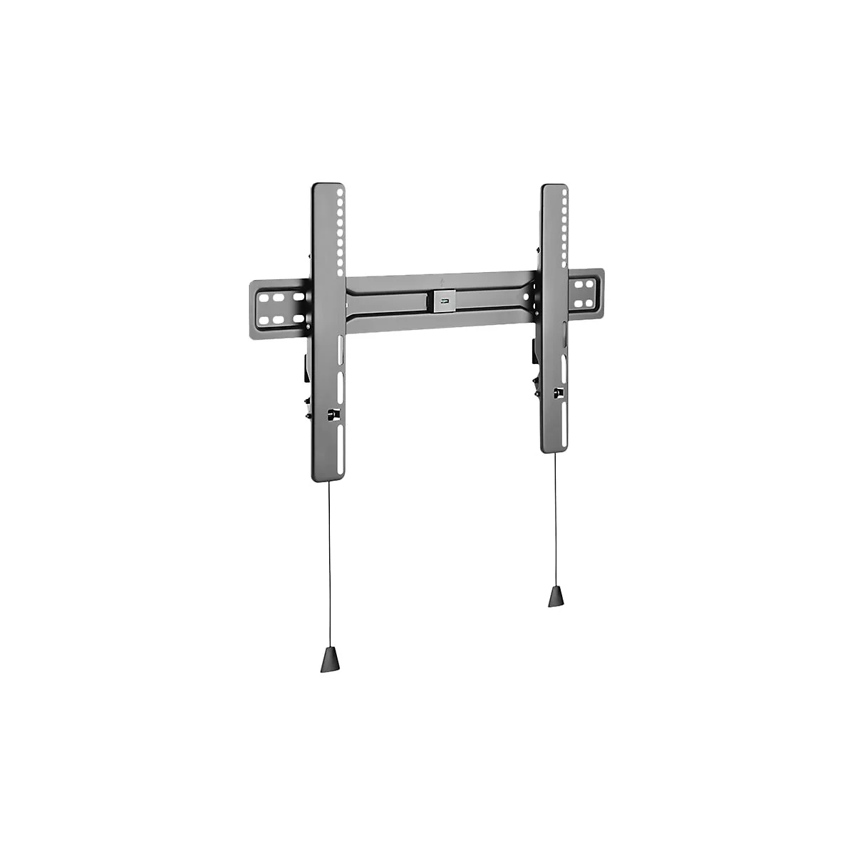 Graue TV-Wandhalterung, senkrechte Säulen mit Lochreihen. Schwarze Zugschnüre mit Konus am Ende.