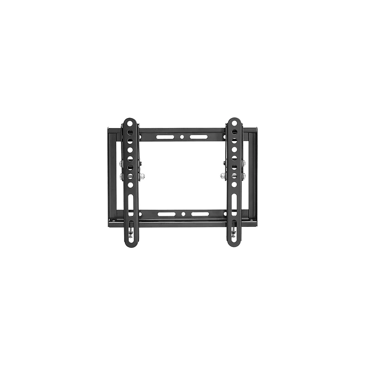 Schwarze TV-Wandhalterung, Metallkonstruktion, rechteckige Form mit Schrauben und Löchern.