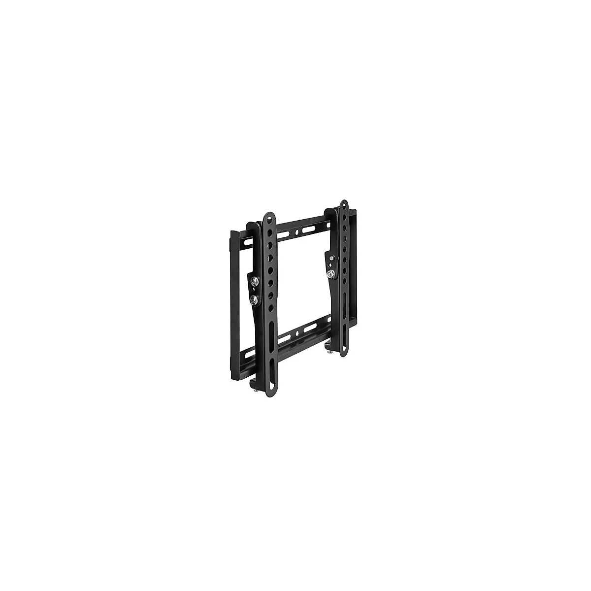 Schwarze TV-Wandhalterung, bestehend aus Metallstreben und Schrauben, vor weißem Hintergrund.