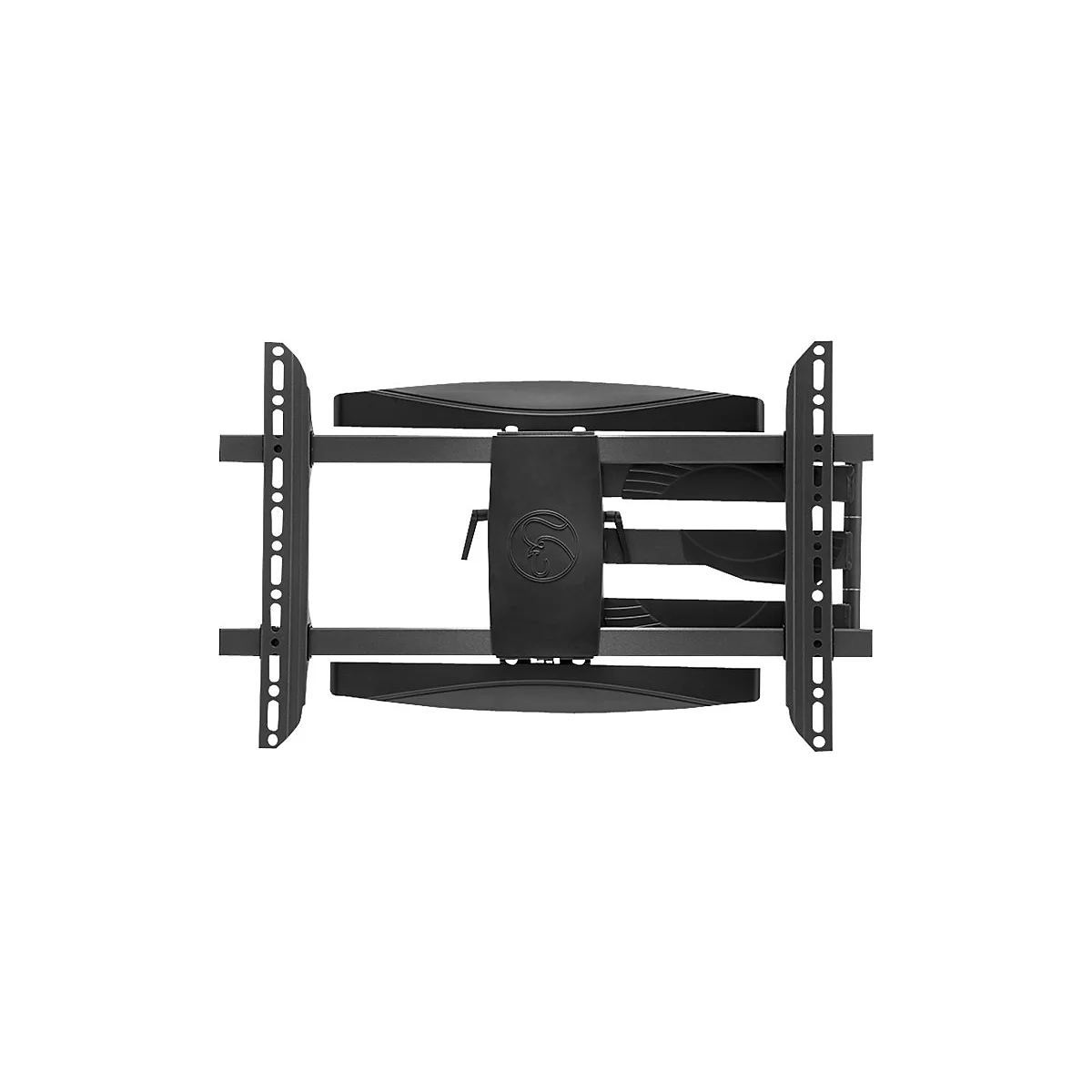 Schwarze TV-Wandhalterung, Frontansicht. Metall, mit Schraubenlöchern und Logo.