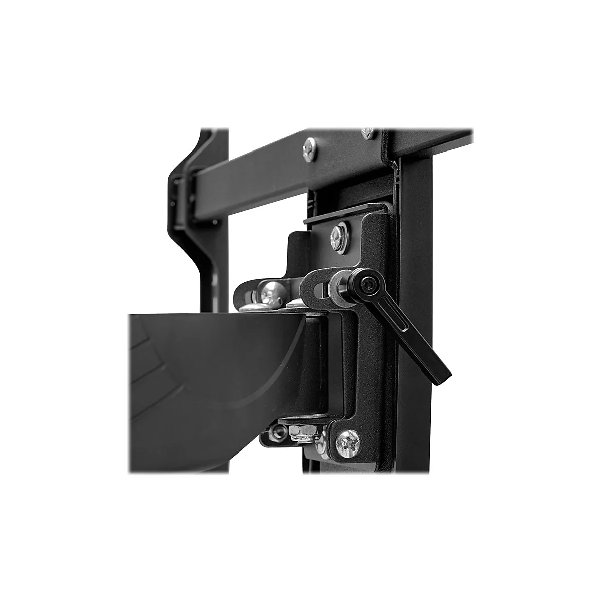 Detailaufnahme einer schwarzen TV-Halterung, mit Metall- und Kunststoffelementen, und einem schwarzen Hebel.