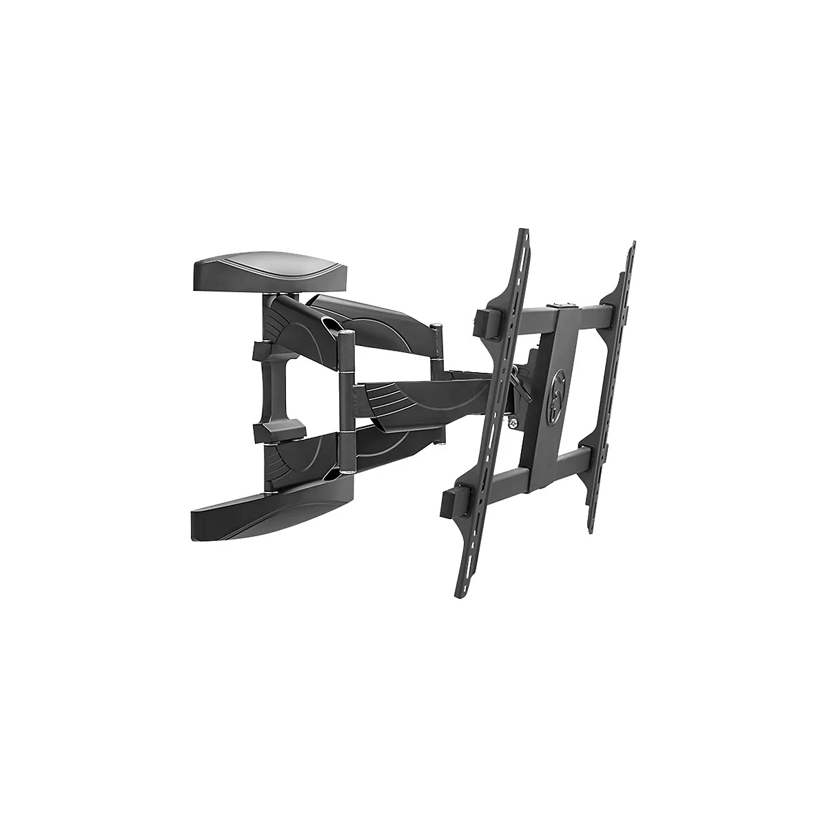 Schwarze TV-Wandhalterung, ausladend konstruiert, drehbar und neigbar, auf weißem Hintergrund.