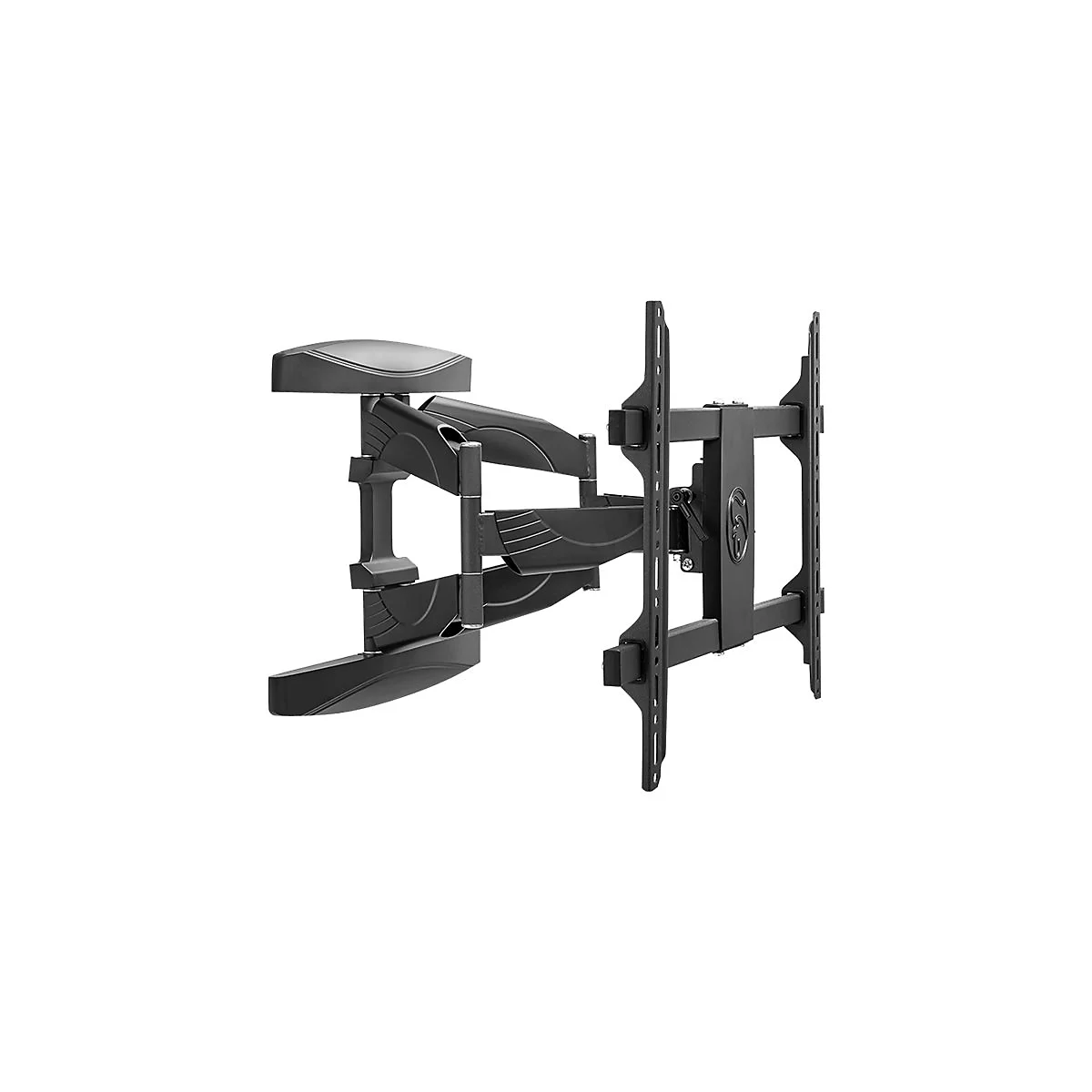 Schwarze TV-Wandhalterung, ausziehbar mit mehreren Gelenken. Vor weißem Hintergrund, von links unten bis rechts oben diagonal dargestellt.