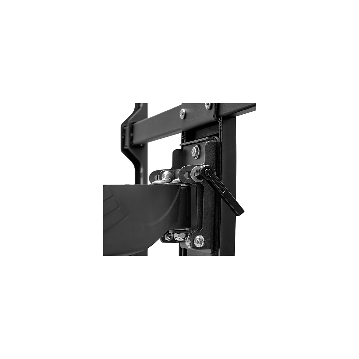 Detailaufnahme einer schwarzen TV-Halterung, mit Schrauben, Hebel und Halterungen.