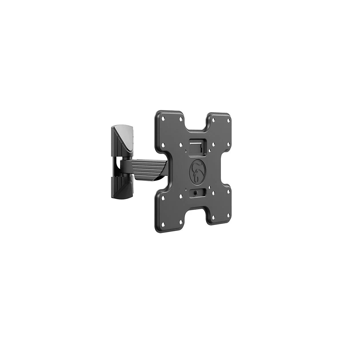 Schwarze TV-Wandhalterung, drehbar, mit Schraubenlöchern, Detailansicht.
