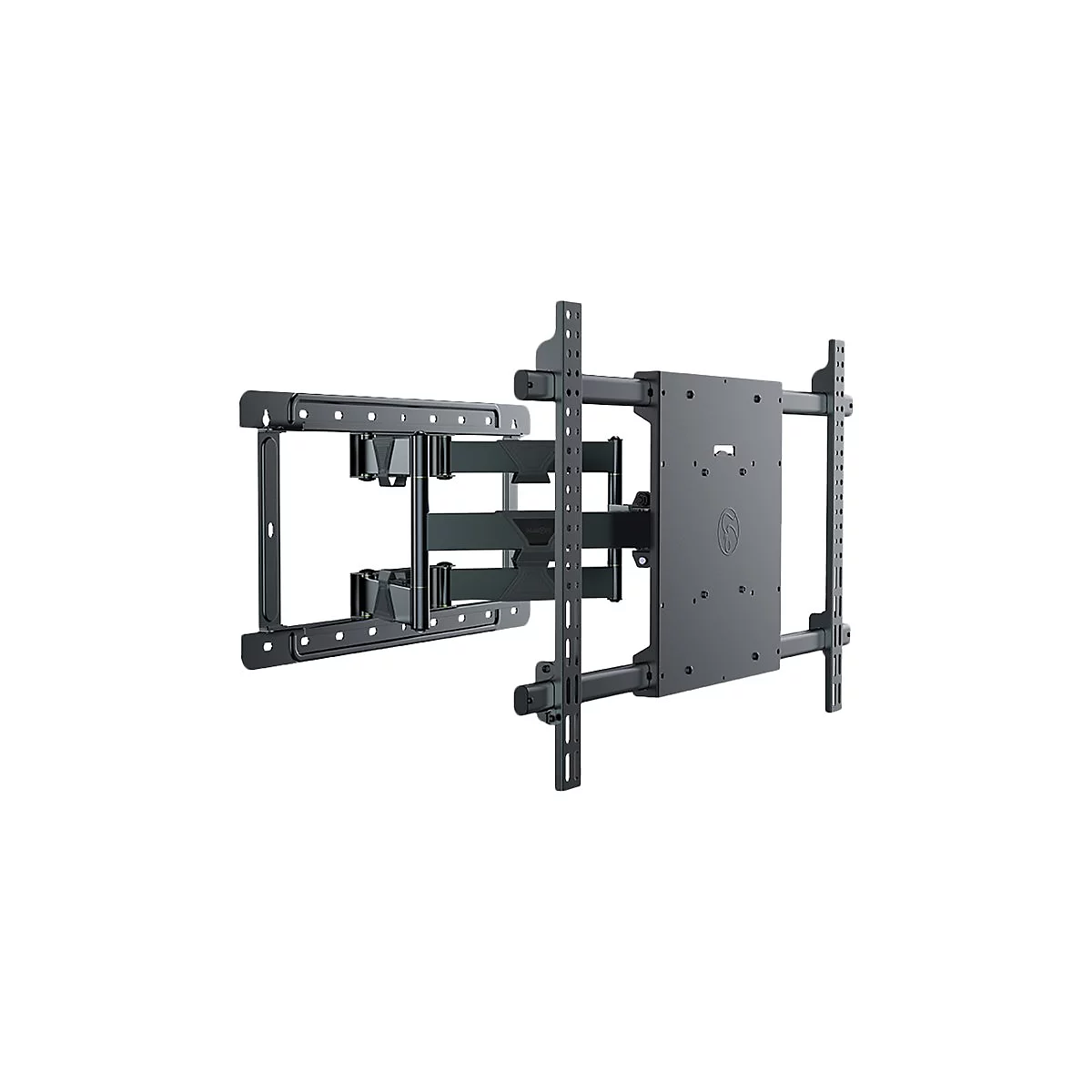 Schwarze TV-Wandhalterung, vollständig ausgezogen, mit vielen Gelenken und Bohrungen. Auf weißem Hintergrund.