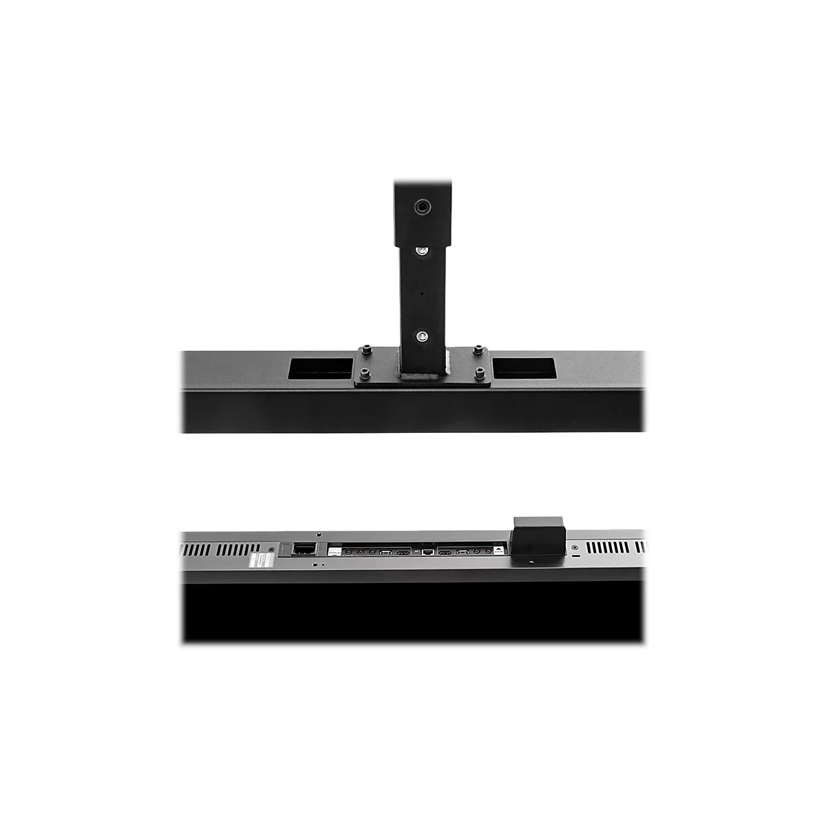 Nahaufnahme einer schwarzen Halterung für einen Monitor, Details von Anschlüssen.