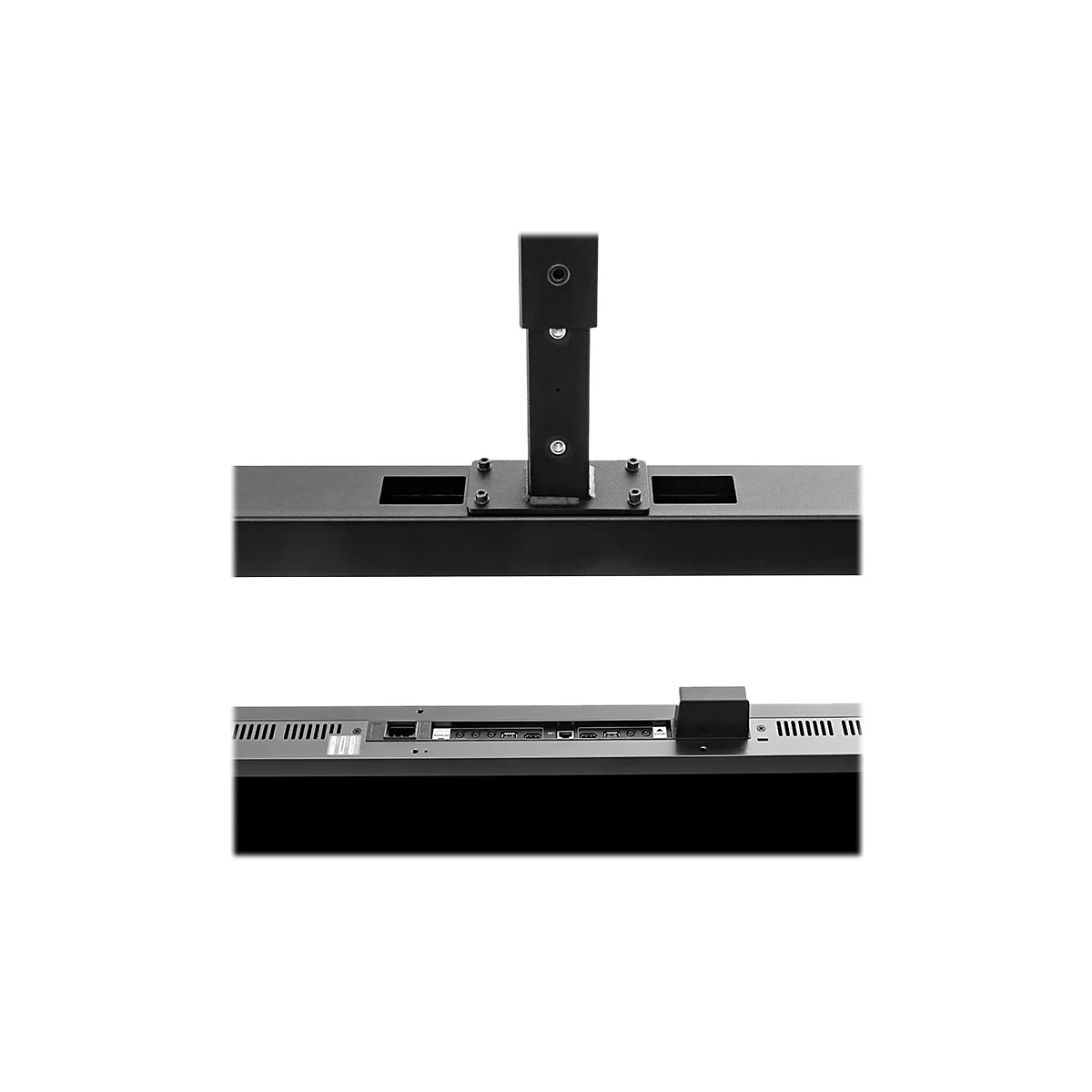 Detailaufnahme einer schwarzen Monitorhalterung mit Kabelführung.