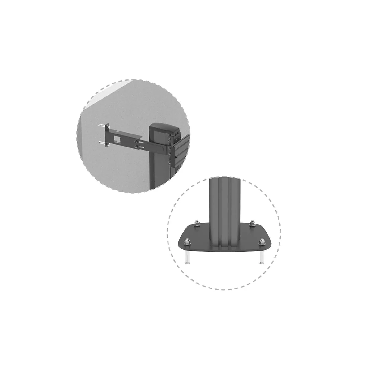 Detailansicht eines schwarzen TV-Halters mit zwei kreisförmigen Hervorhebungen. Oben: Wandhalterung. Unten: Standfuß mit Schrauben.