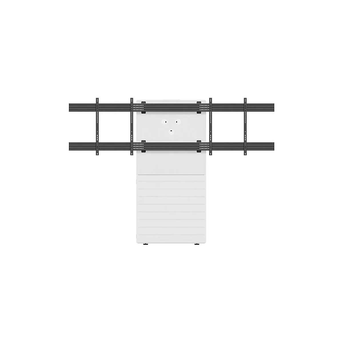Ein weißes Möbelstück, an dem eine schwarze Halterung für einen Flachbildschirm befestigt ist. Auf dem Möbelstück sind Bohrungen für Anschlüsse zu sehen.