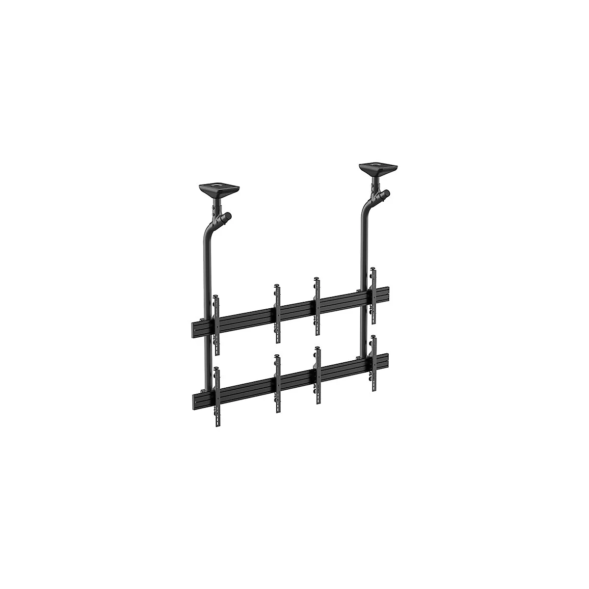 Schwarze Deckenhalterung für Bildschirme. Zwei vertikale Stangen, verbunden mit horizontalen Trägern, bilden das Grundgerüst.
